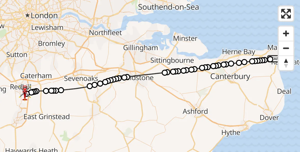 Flight route Air Ambulance Helicopter Manston Airport - Redhill Aerodrome, 30 July 2026, 22:43