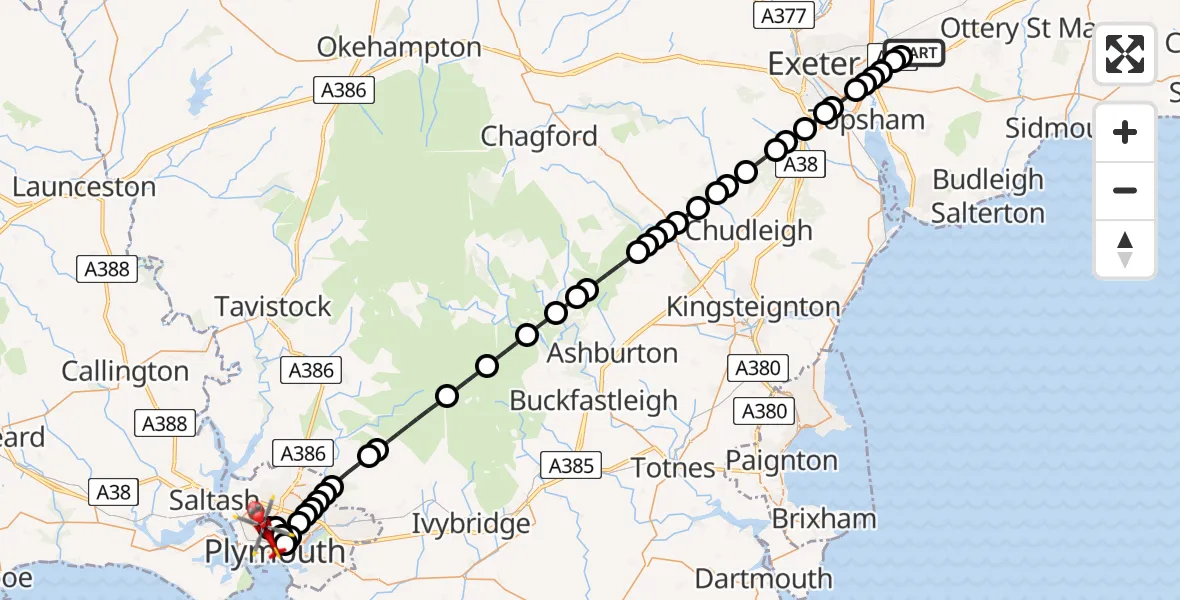 Flight route Air Ambulance Helicopter Exeter International Airport - Pennycomequick, 30 July 2026, 22:48