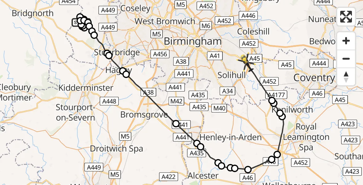 Flight route Police Helicopter Wolverhampton Halfpenny Green Airport - Solihull, 30 July 2026, 22:48