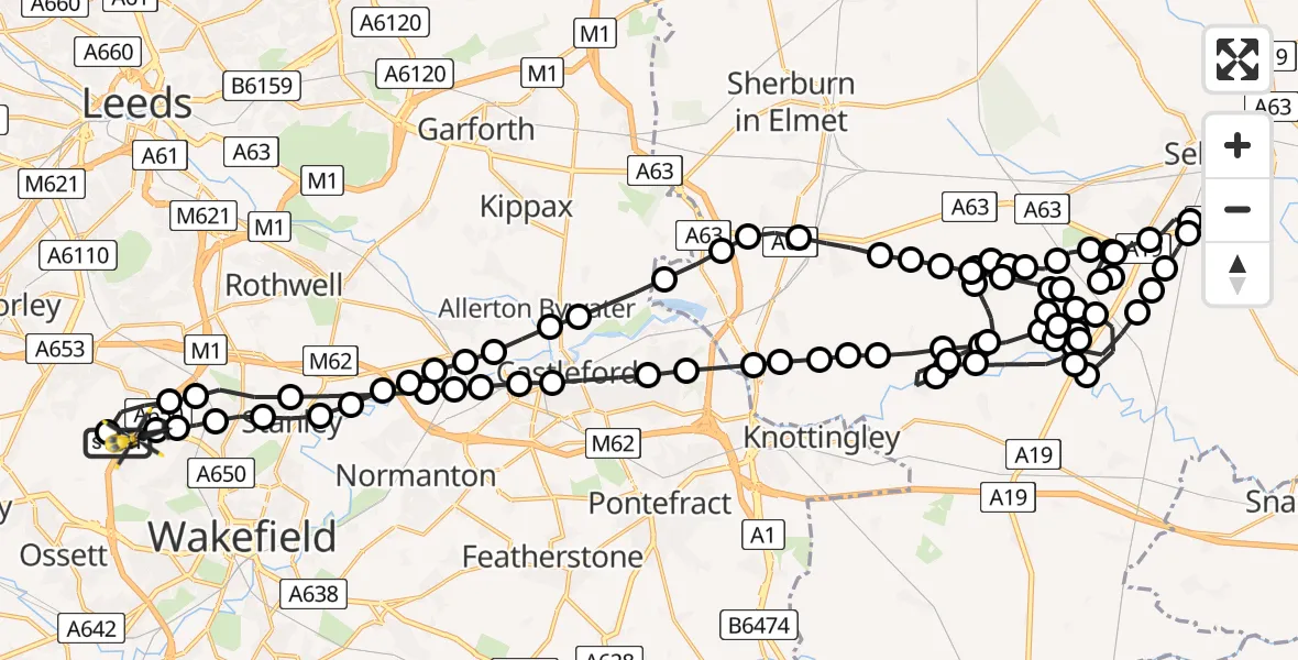 Flight route Police Helicopter East Ardsley - East Ardsley, 30 July 2026, 22:52