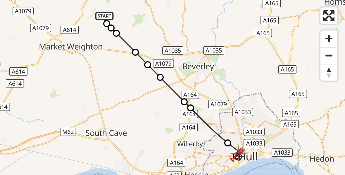 Flight route Air Ambulance Helicopter Lund - Hull Royal Infirmary, 30 July 2026, 22:56