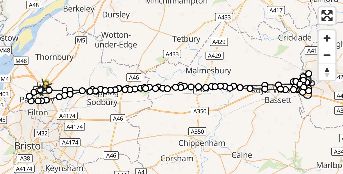 Flight route Police Helicopter Almondsbury Helicopter Base - Hortham, 30 July 2026, 23:02