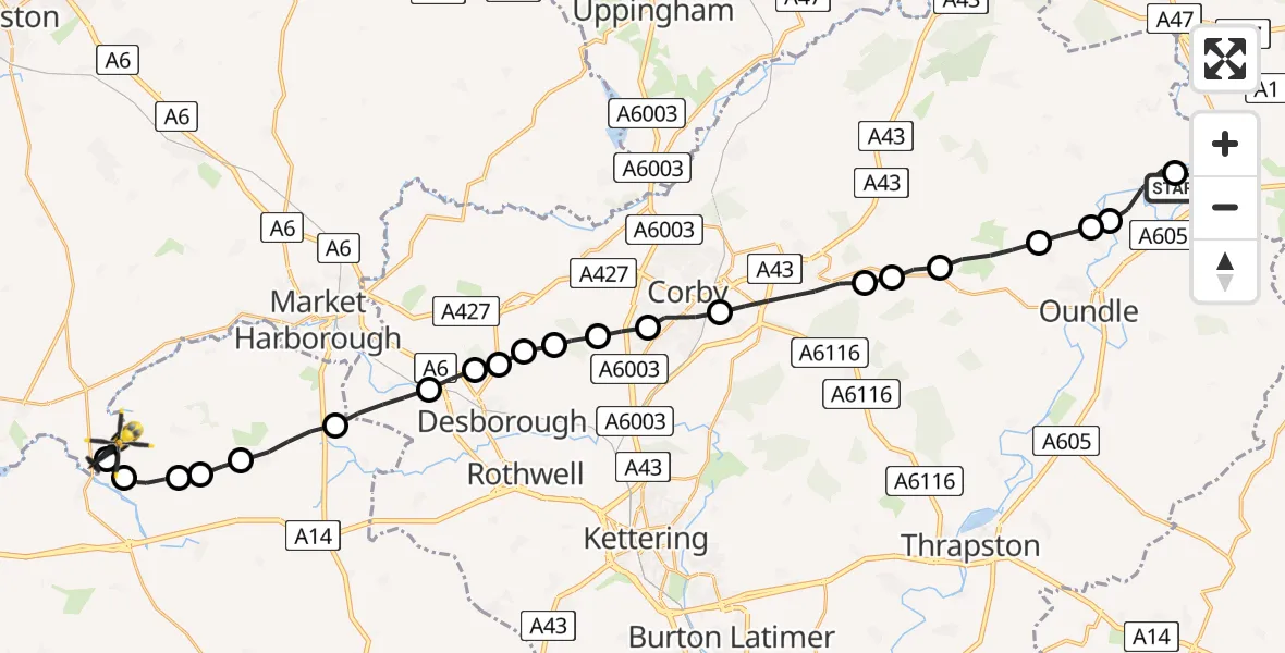 Flight route Police Helicopter Warmington - Harborough, 30 July 2026, 23:16