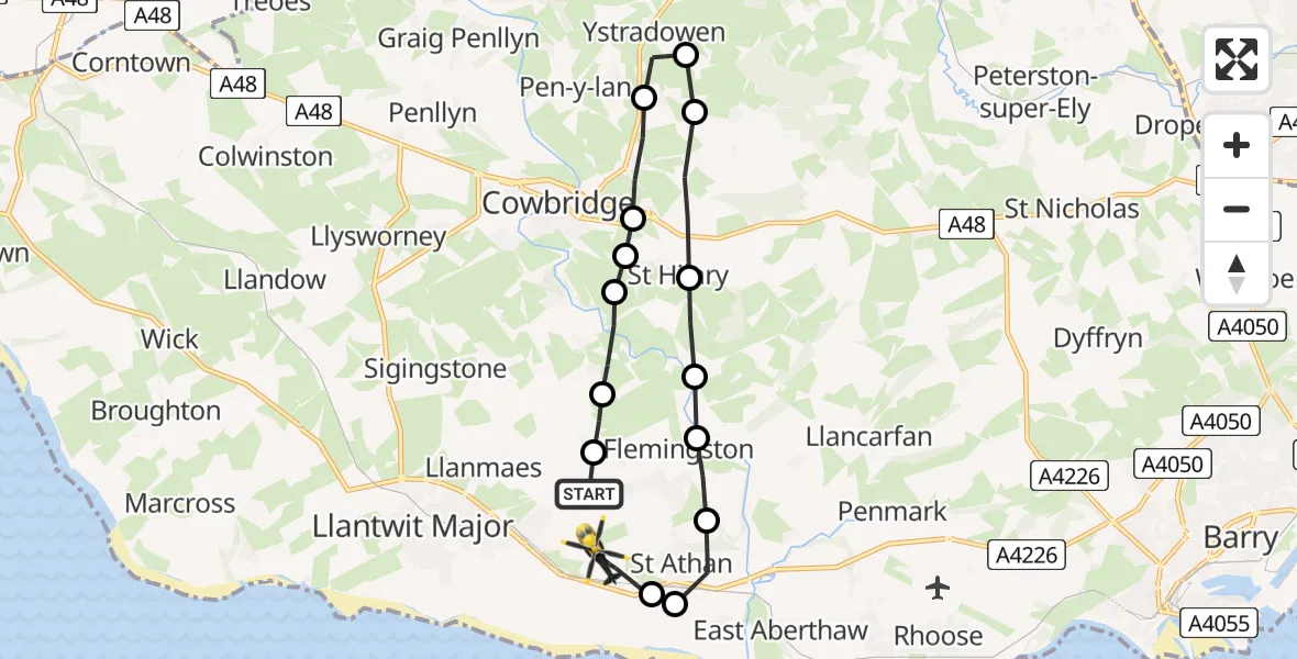 Flight route Police Helicopter MOD St Athan - MOD St Athan, 30 July 2026, 23:42