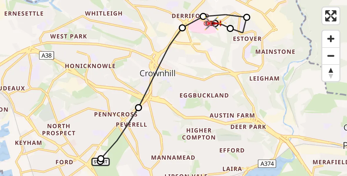 Flight route Air Ambulance Helicopter Milehouse - Derriford Hospital, 30 July 2026, 23:52