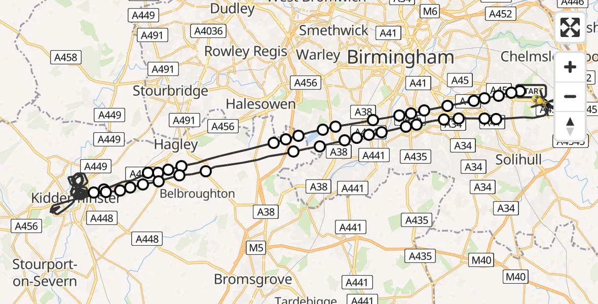 Flight route Police Helicopter Birmingham Airport - Solihull, 31 July 2026, 00:02