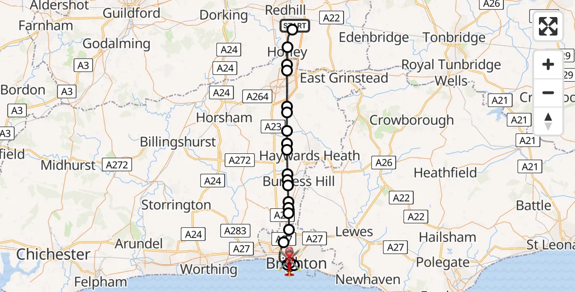 Flight route Air Ambulance Helicopter Redhill Aerodrome - Portslade by Sea, 31 July 2026, 00:31