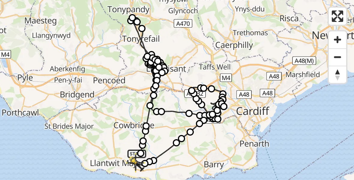 Flight route Police Helicopter St Mary Church - MOD St Athan, 31 July 2026, 00:31