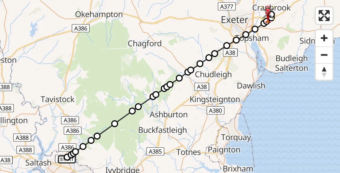 Flight route Air Ambulance Helicopter Derriford Hospital - Exeter International Airport, 31 July 2026, 00:51