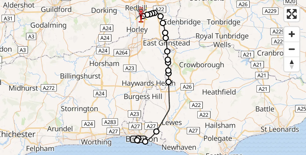 Flight route Air Ambulance Helicopter Hove - Redhill Aerodrome, 31 July 2026, 01:26