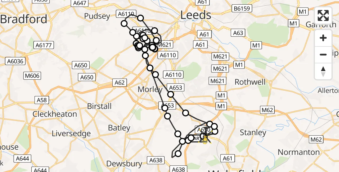 Flight route Police Helicopter East Ardsley - Wrenthorpe, 31 July 2026, 02:07