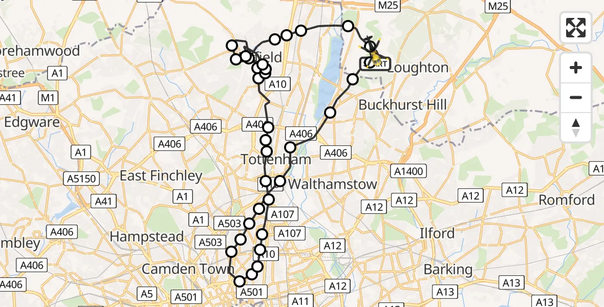 Flight route Police Helicopter Metropolitan Police Air Support Unit Lippitts Hill - Sewardstonebury, 31 July 2026, 03:02