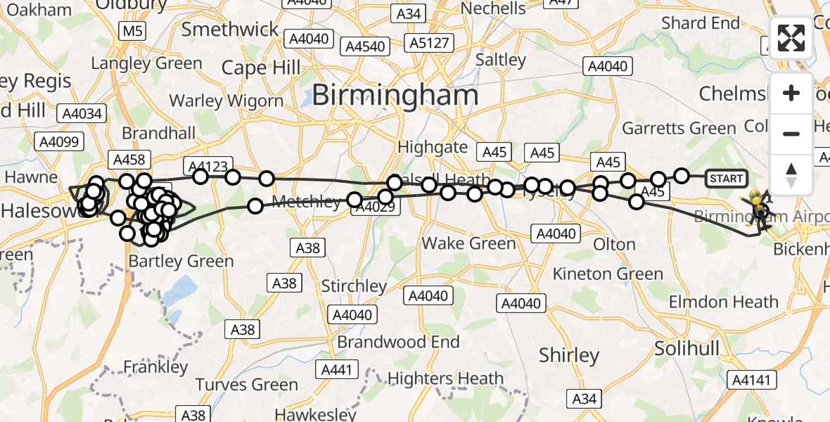 Flight route Police Helicopter Birmingham Airport - Birmingham Airport, 31 July 2026, 04:39