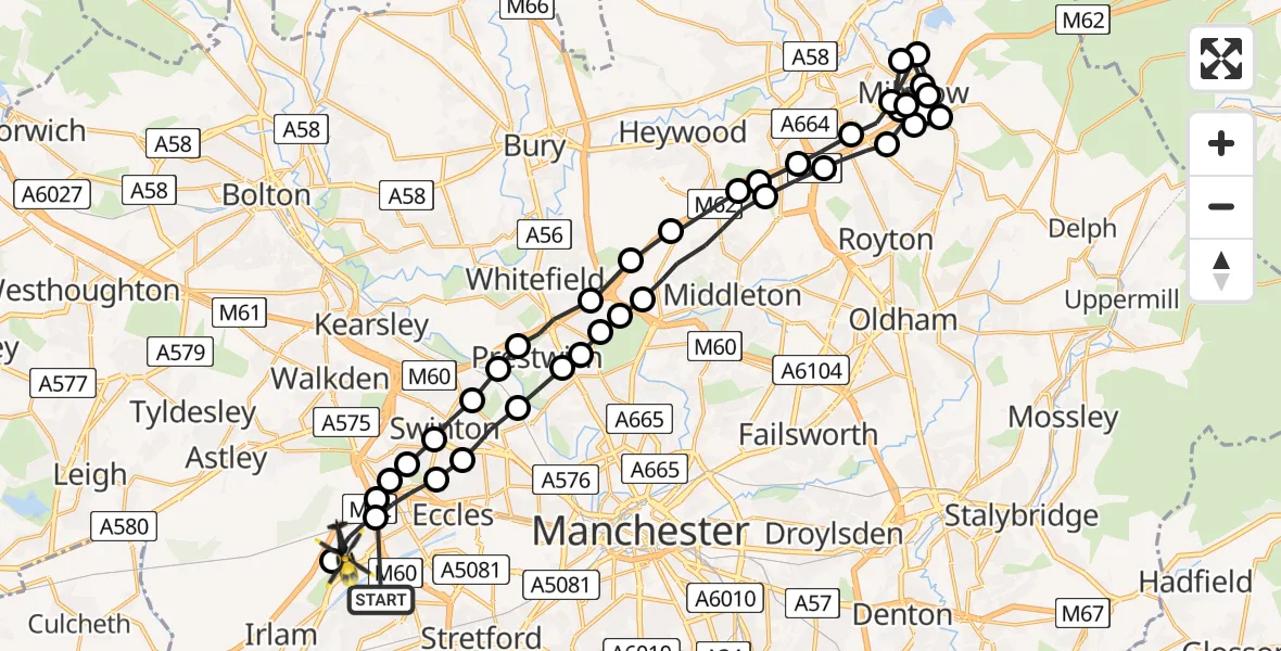 Flight route Police Helicopter Urmston - Manchester Barton Aerodrome, 31 July 2026, 05:22
