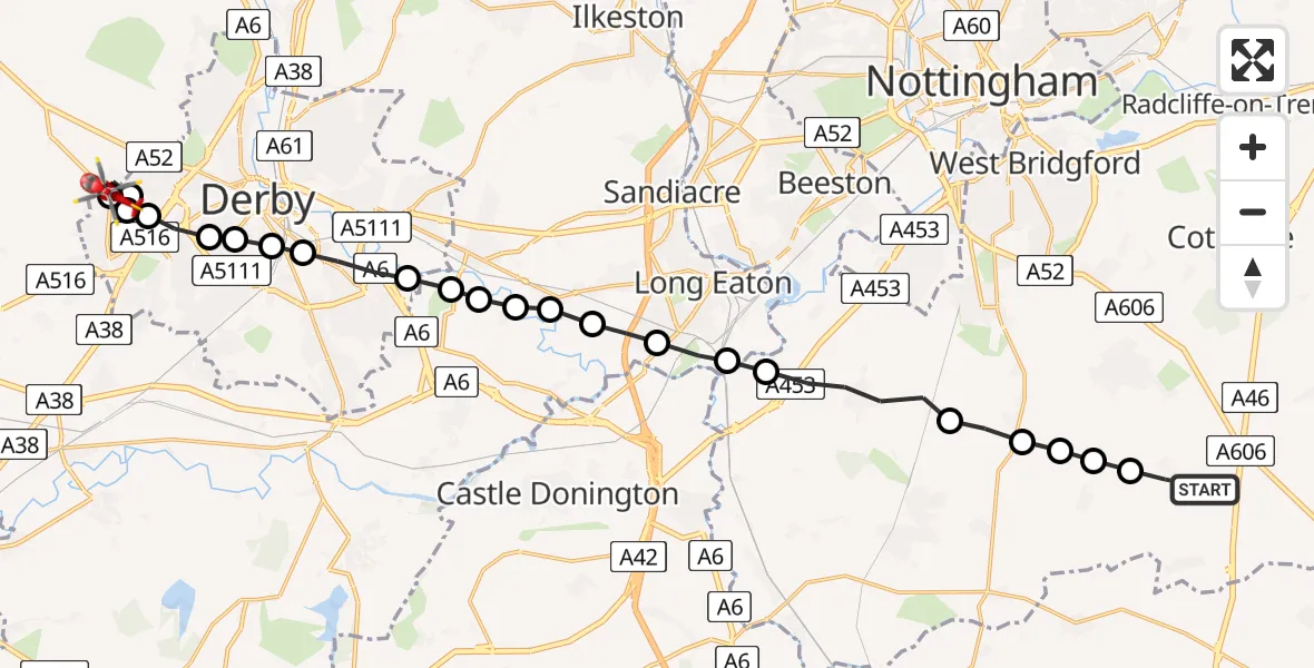 Flight route Air Ambulance Helicopter Widmerpool - South Derbyshire, 31 July 2026, 06:16