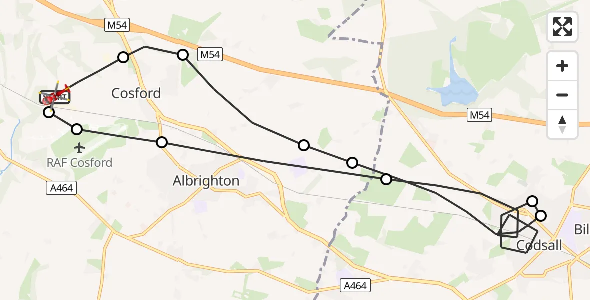 Flight route Air Ambulance Helicopter RAF Cosford - Cosford, 31 July 2026, 06:32