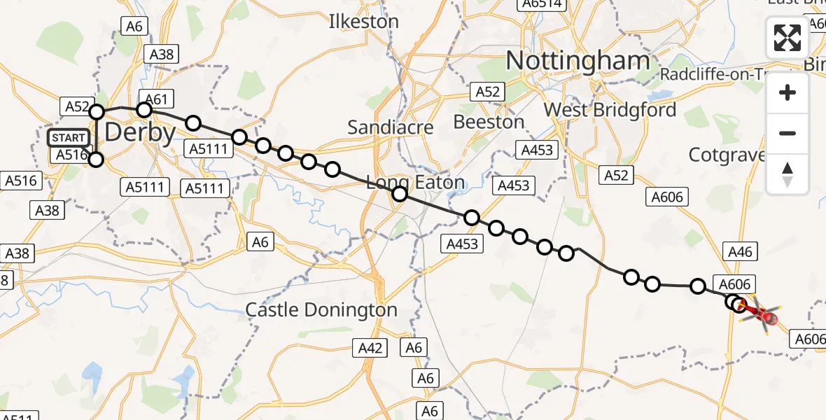 Flight route Air Ambulance Helicopter Mickleover - Hickling, 31 July 2026, 06:39