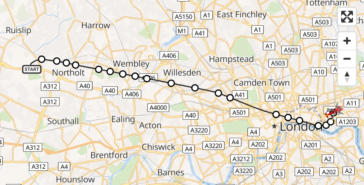 Flight route Air Ambulance Helicopter RAF Northolt - Royal London Hospital, 31 July 2026, 06:43