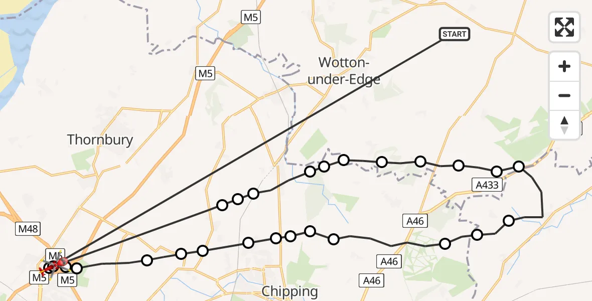 Flight route Air Ambulance Helicopter Kingscote - Almondsbury Helicopter Base, 31 July 2026, 06:46