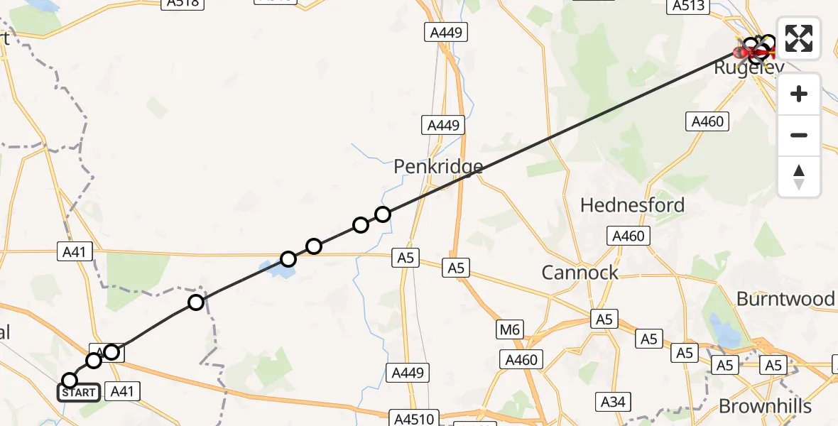 Flight route Air Ambulance Helicopter RAF Cosford - Rugeley, 31 July 2026, 06:54