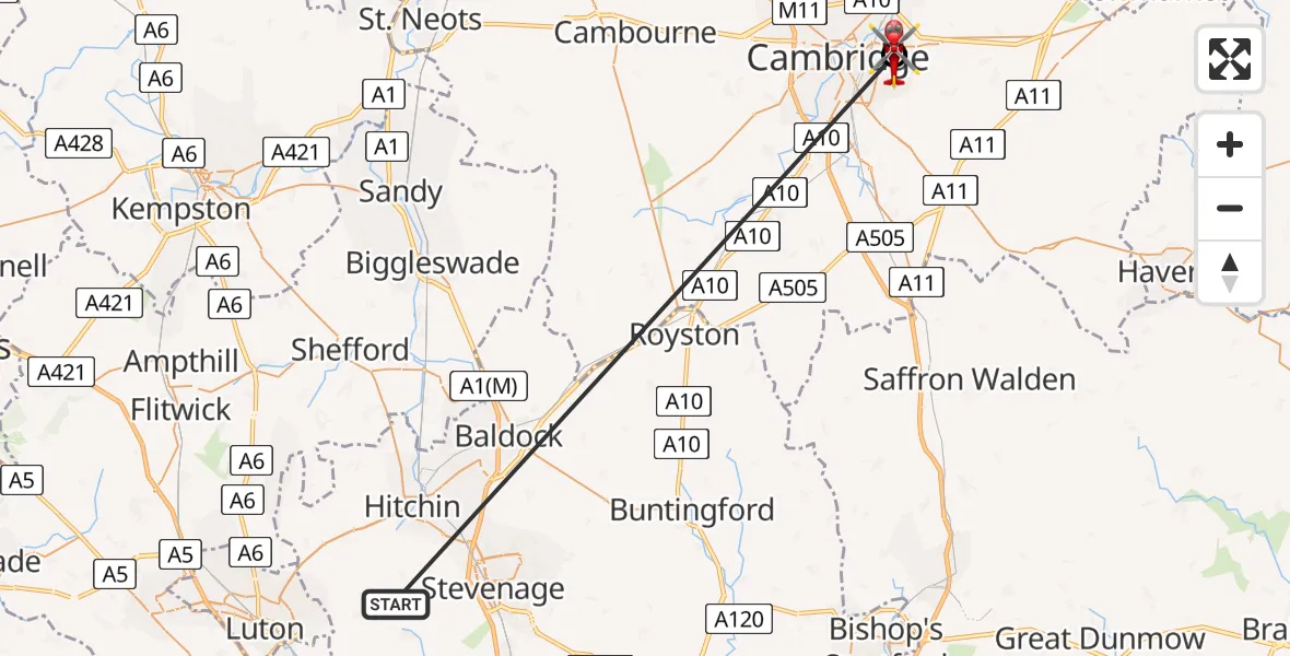 Flight route Air Ambulance Helicopter King's Walden - Cambridge City Airport, 31 July 2026, 07:18