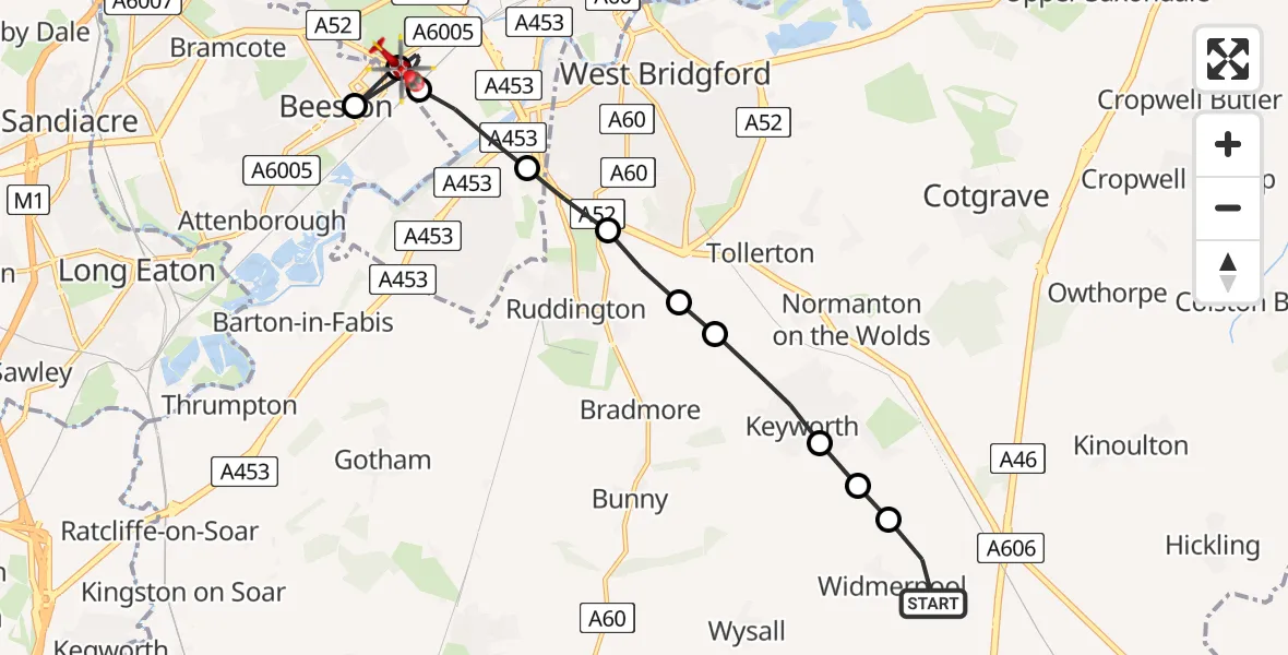 Flight route Air Ambulance Helicopter Widmerpool - City of Nottingham, 31 July 2026, 07:24