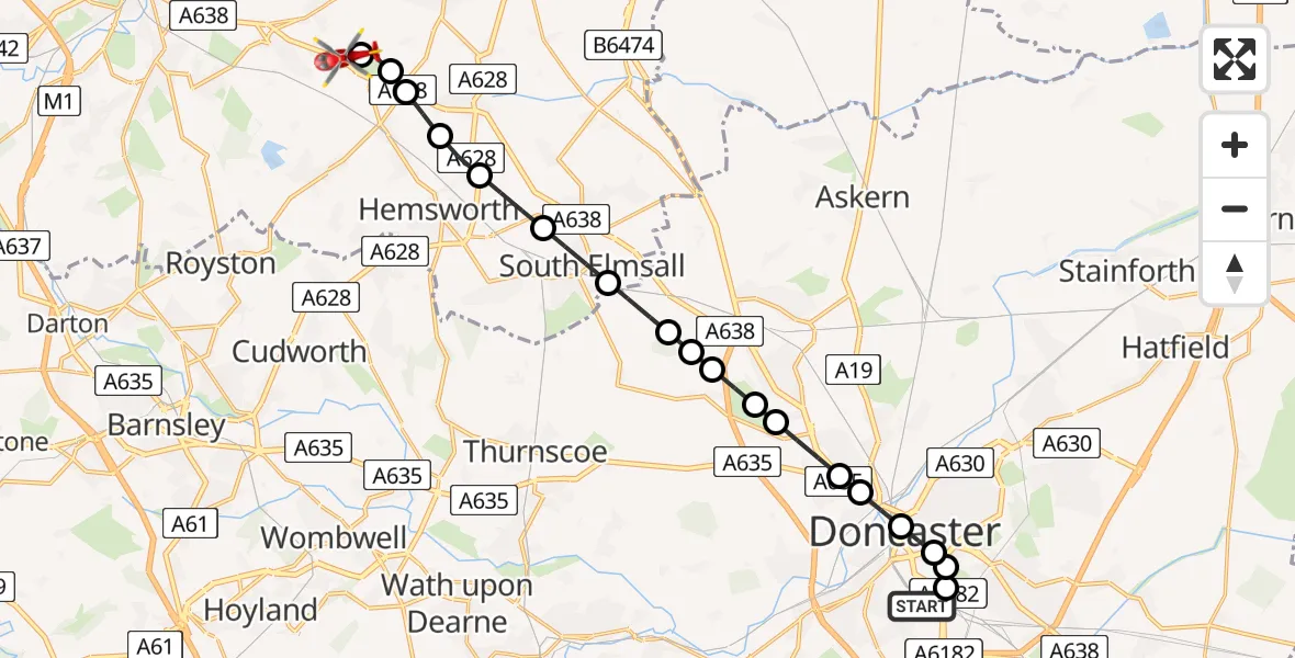 Flight route Air Ambulance Helicopter Hexthorpe - YAA Nostell Helicopter Port, 31 July 2026, 07:36