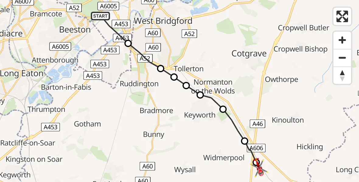 Flight route Air Ambulance Helicopter City of Nottingham - Nottingham Heliport, 31 July 2026, 07:38