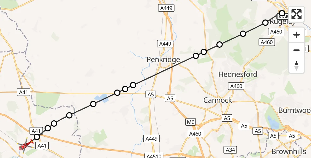 Flight route Air Ambulance Helicopter Rugeley - Cosford, 31 July 2026, 07:45