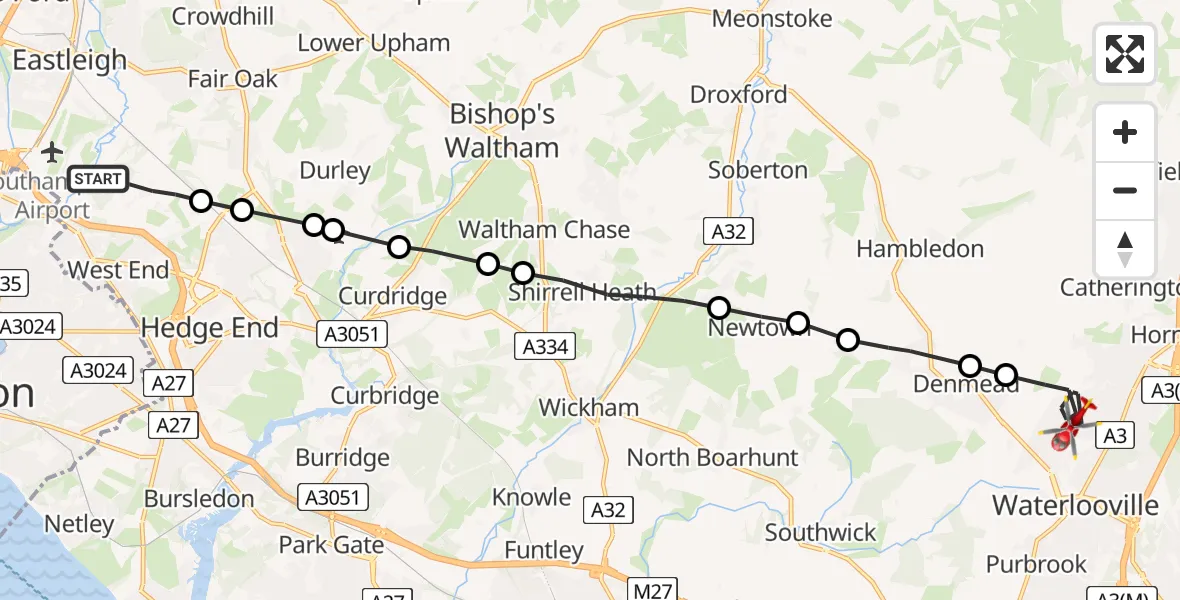 Flight route Air Ambulance Helicopter Eastleigh - Havant, 31 July 2026, 07:54