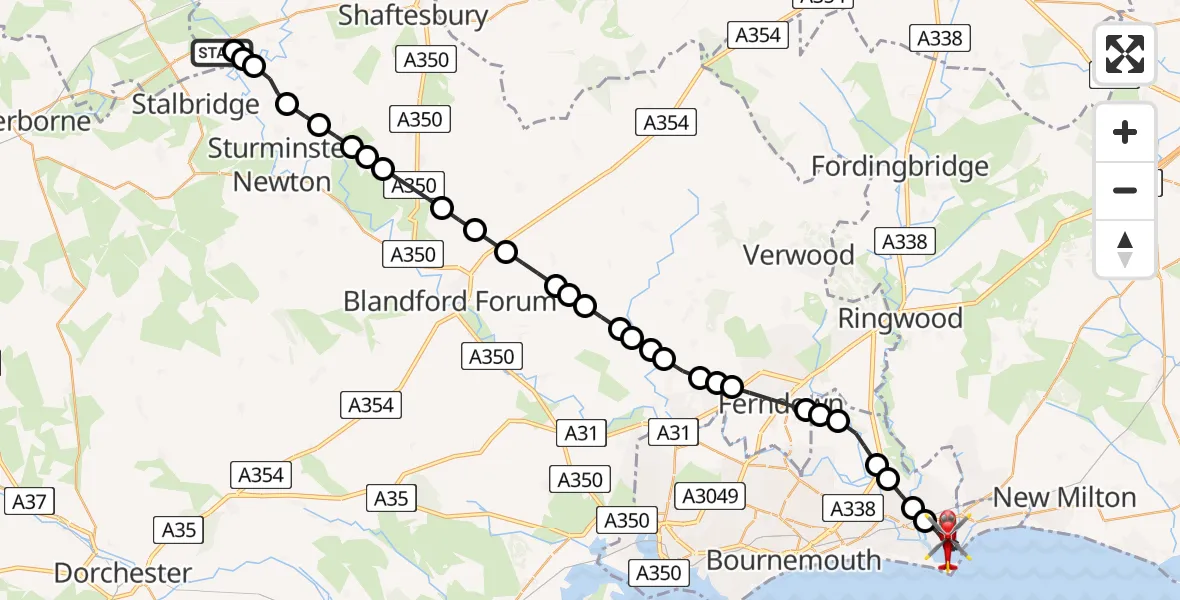 Flight route Air Ambulance Helicopter Henstridge Airfield - Christchurch, 31 July 2026, 08:18