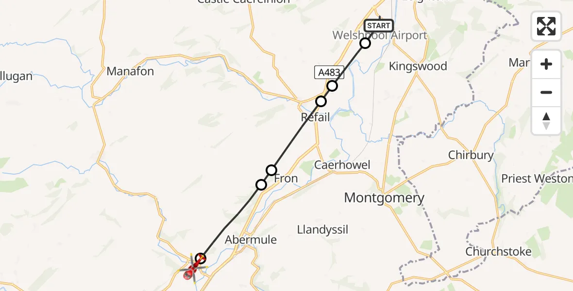 Flight route Air Ambulance Helicopter Welshpool Airport - Newtown, 31 July 2026, 08:34