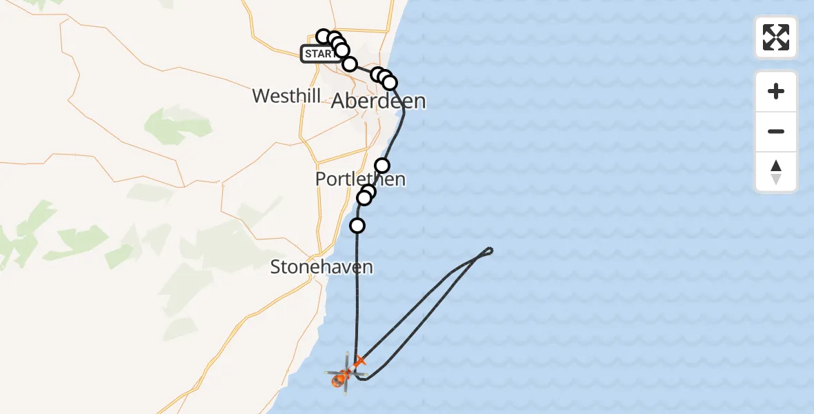 Flight route Coastguard Helicopter Aberdeen International Airport - North Sea, 31 July 2026, 09:03