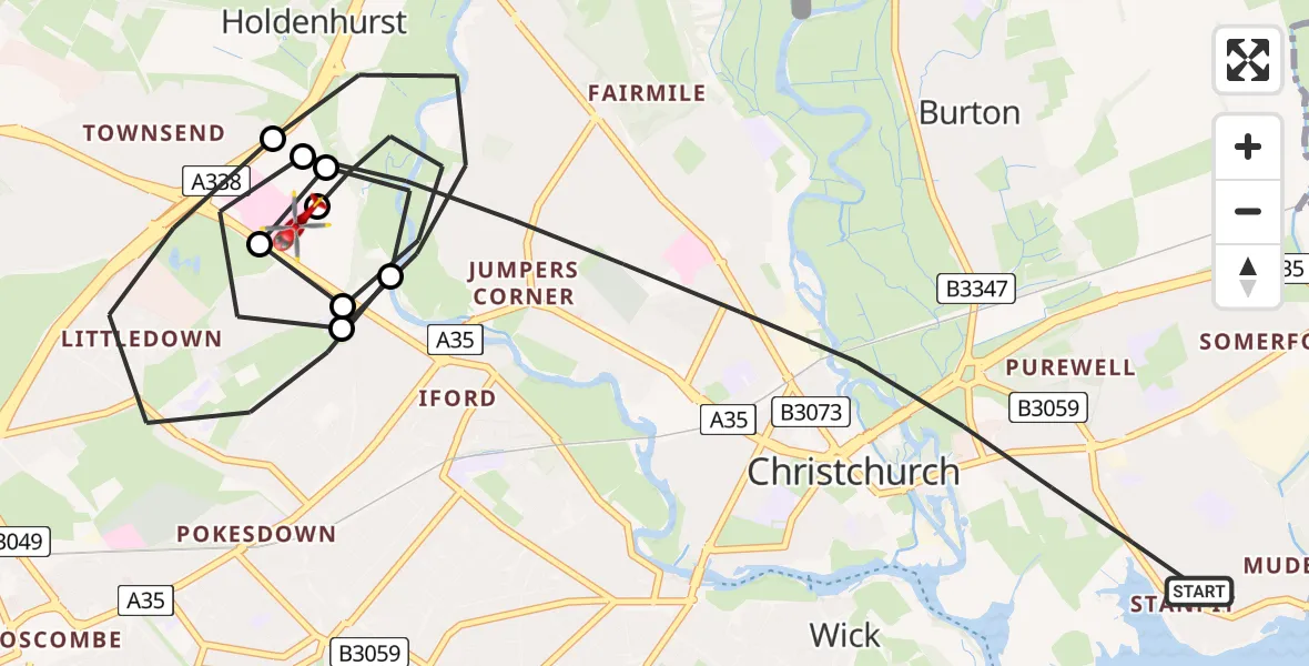 Flight route Air Ambulance Helicopter Christchurch - Royal Bournemouth Hospital, 31 July 2026, 09:04