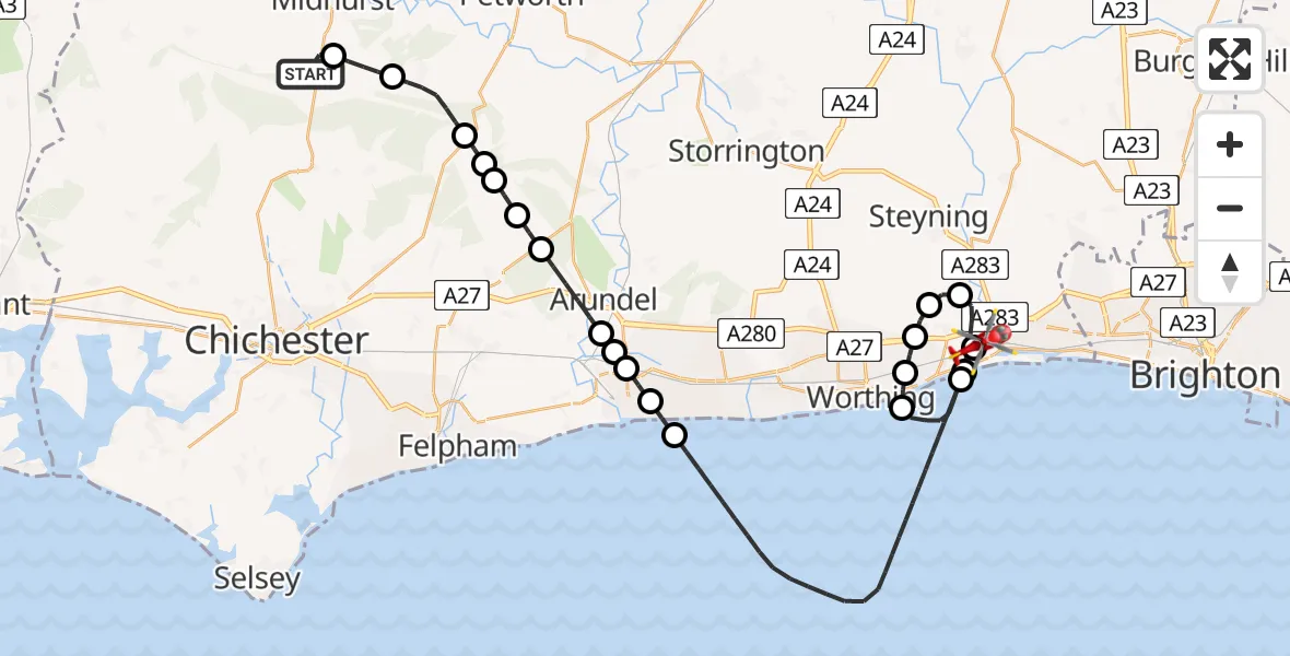 Flight route Air Ambulance Helicopter Cocking - Brighton City Airport, 31 July 2026, 09:13