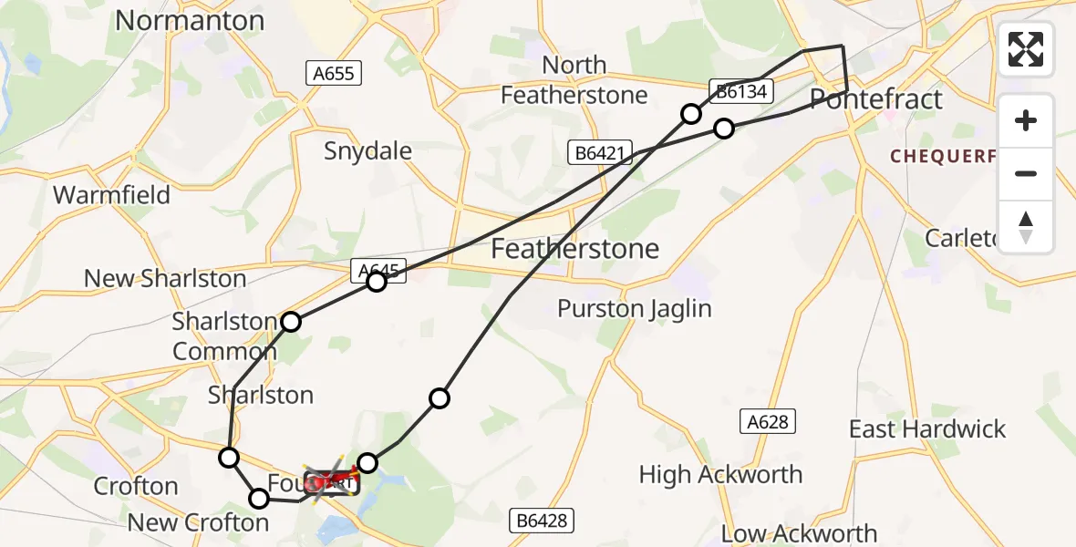 Flight route Air Ambulance Helicopter YAA Nostell Helicopter Port - YAA Nostell Helicopter Port, 31 July 2026, 09:15