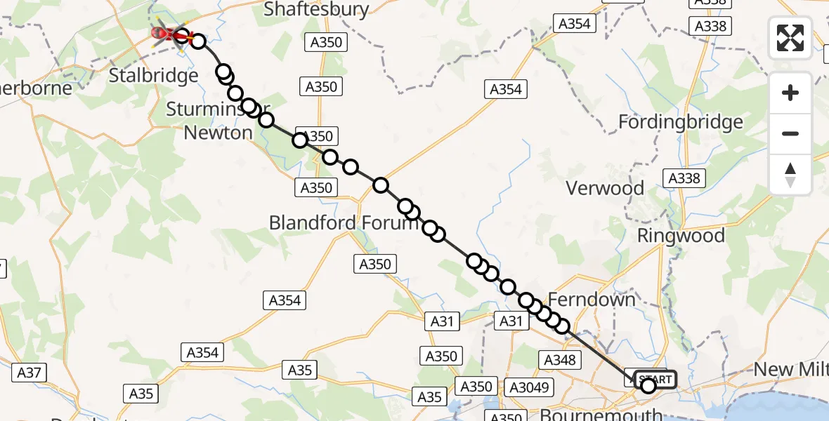 Flight route Air Ambulance Helicopter Royal Bournemouth Hospital - Henstridge Airfield, 31 July 2026, 09:24