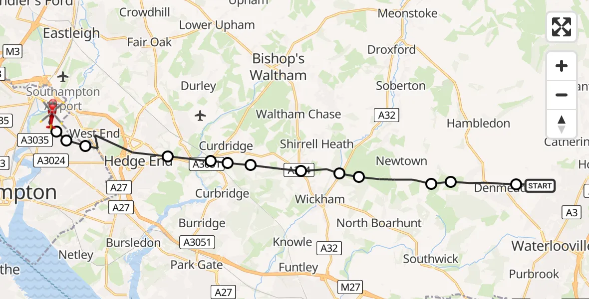 Flight route Air Ambulance Helicopter East Hampshire - Mansbridge, 31 July 2026, 09:28