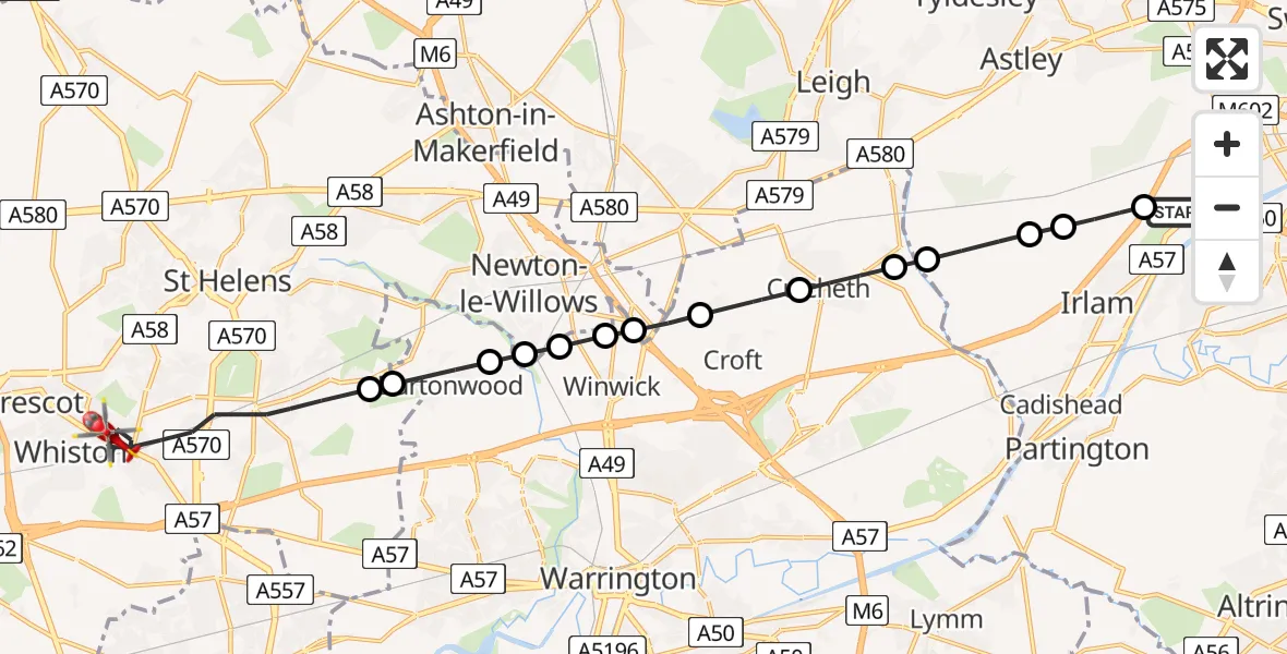 Flight route Air Ambulance Helicopter Manchester Barton Aerodrome - St Helens, 31 July 2026, 09:38