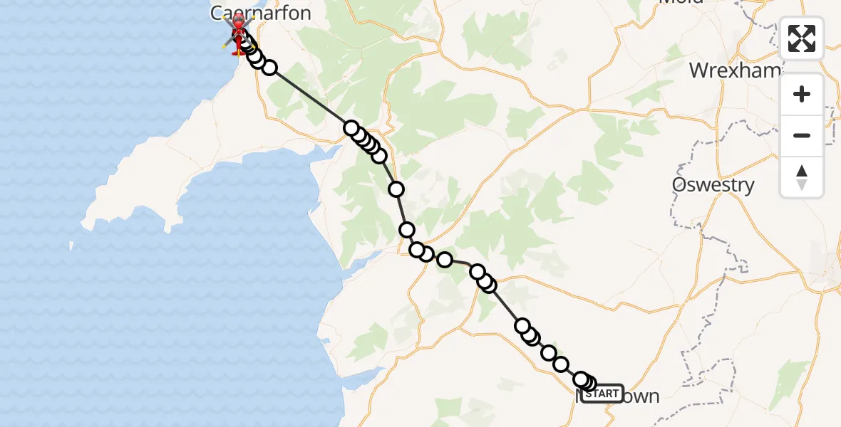 Flight route Air Ambulance Helicopter Newtown - Caernarfon Airport, 31 July 2026, 09:49