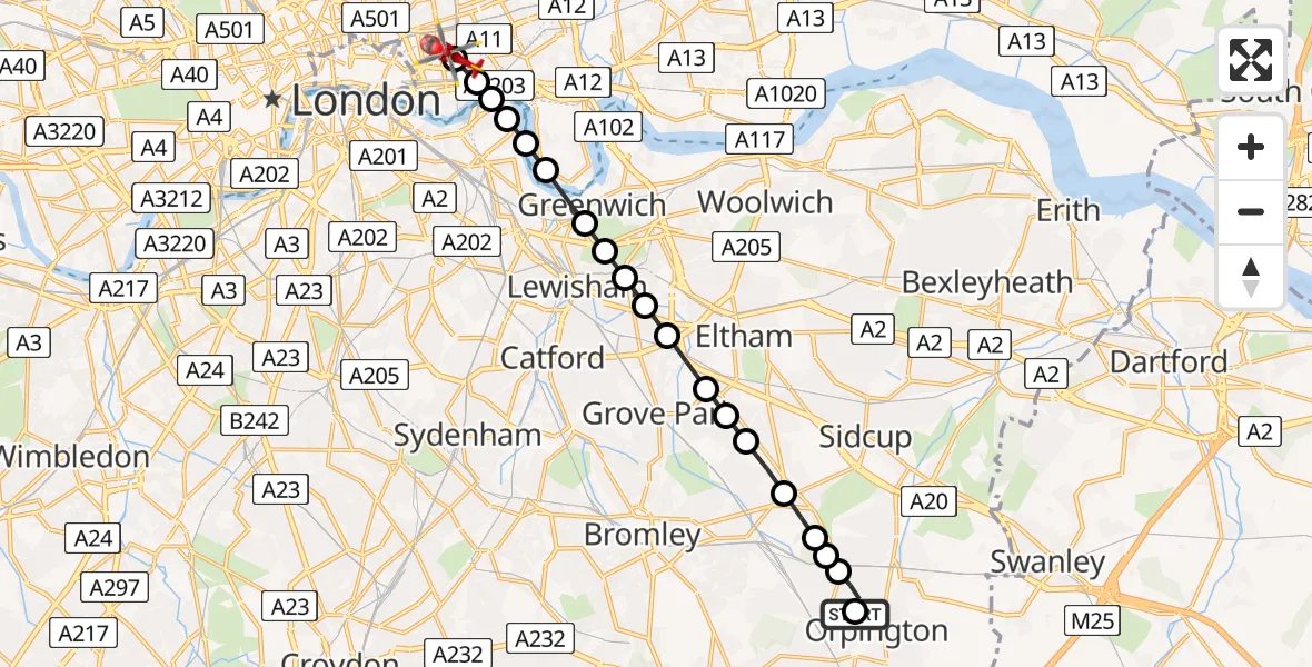 Flight route Air Ambulance Helicopter Poverest - Royal London Hospital, 31 July 2026, 09:50