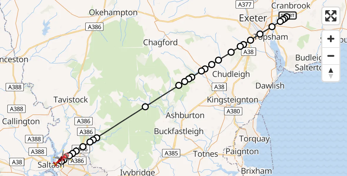 Flight route Air Ambulance Helicopter Exeter International Airport - Kings Tamerton, 31 July 2026, 10:09