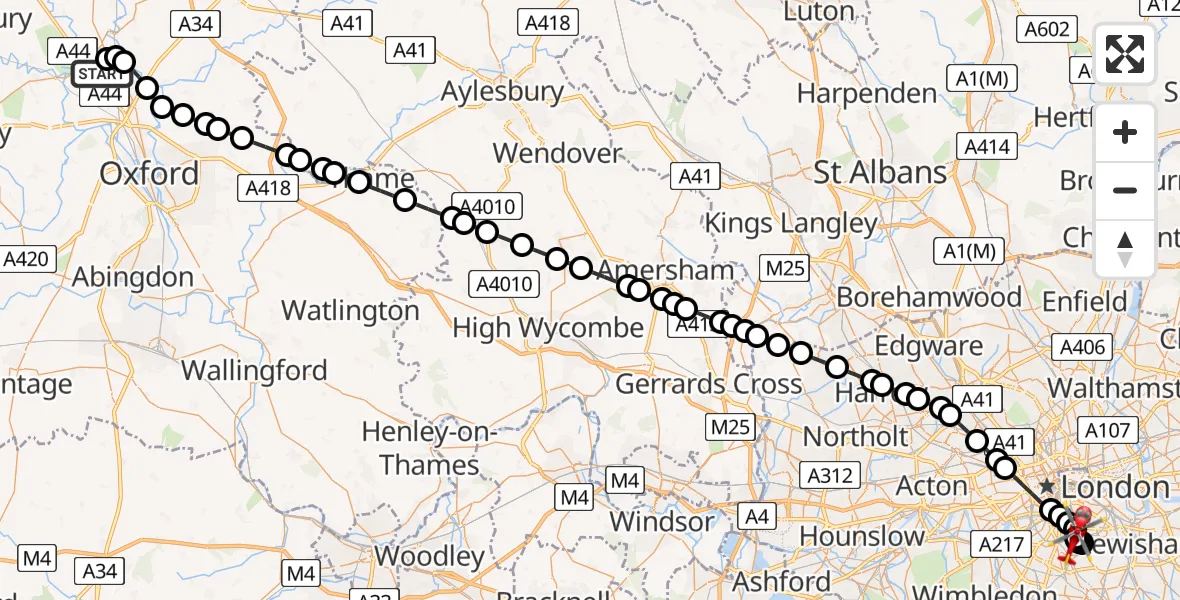 Flight route Air Ambulance Helicopter London Oxford Airport - Kings College London Hospital, 31 July 2026, 10:16