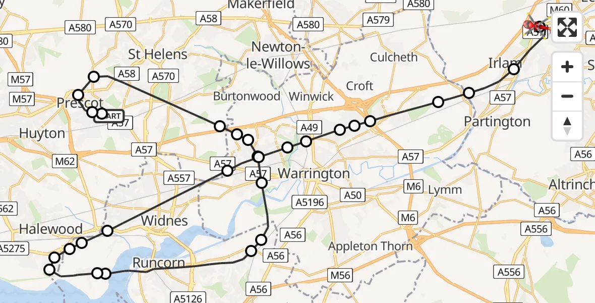 Flight route Air Ambulance Helicopter St Helens - Manchester Barton Aerodrome, 31 July 2026, 10:30