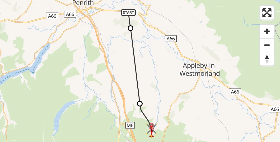 Flight route Air Ambulance Helicopter Brougham - Orton, 31 July 2026, 10:31