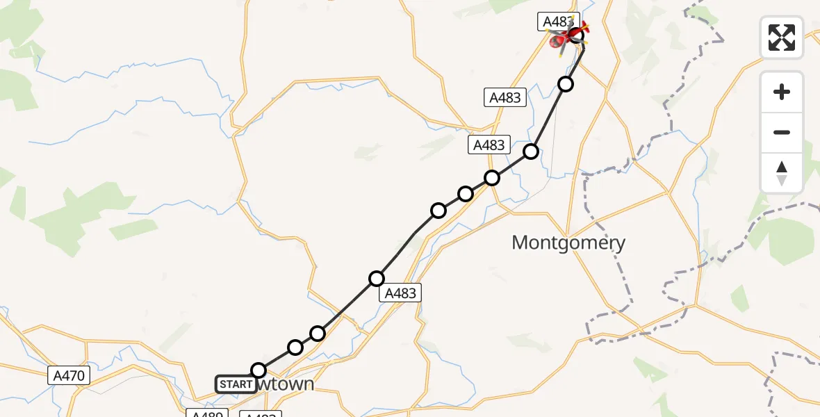 Flight route Air Ambulance Helicopter Milford - Welshpool, 31 July 2026, 10:32