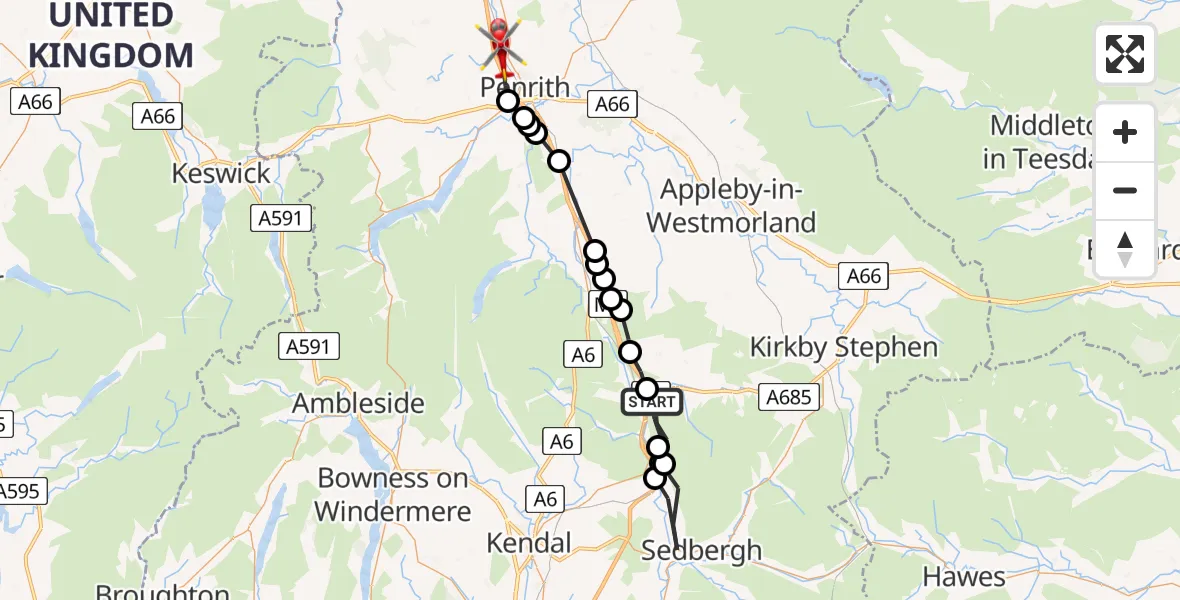 Flight route Air Ambulance Helicopter Tebay - Penrith, 31 July 2026, 10:36