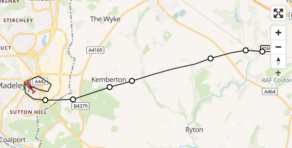 Flight route Air Ambulance Helicopter RAF Cosford - Madeley, 31 July 2026, 10:42
