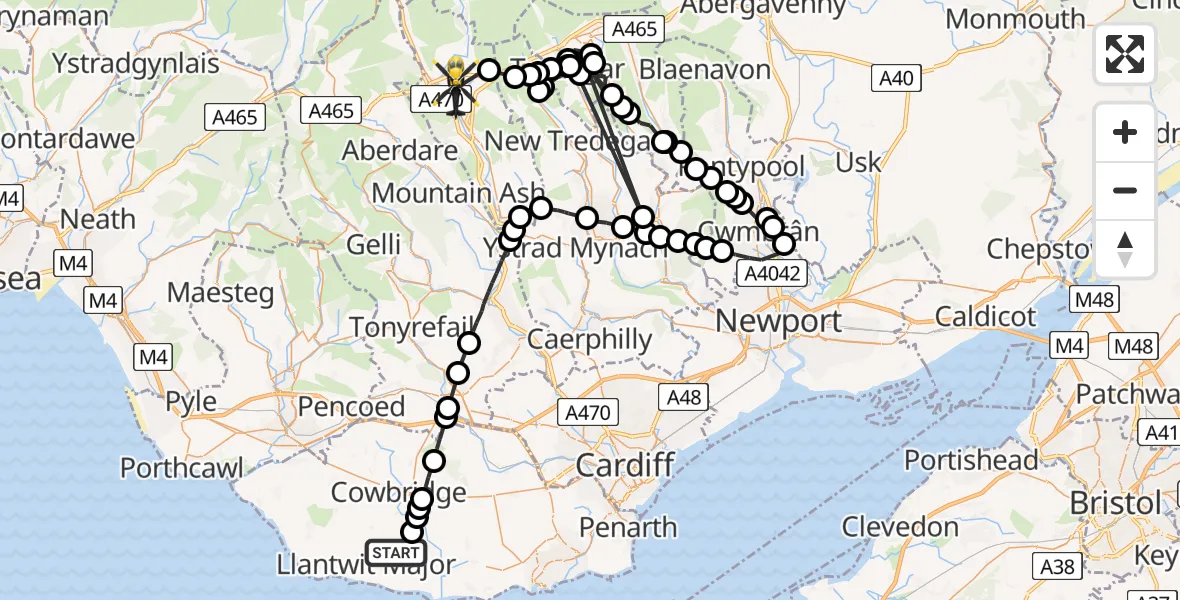 Flight route Police Helicopter Eglwys Brewis - Merthyr Tydfil, 31 July 2026, 10:43
