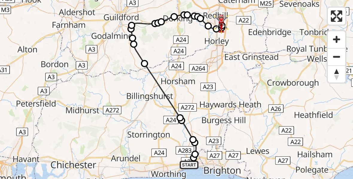 Flight route Air Ambulance Helicopter Shoreham-by-Sea - Redhill Aerodrome, 31 July 2026, 10:54